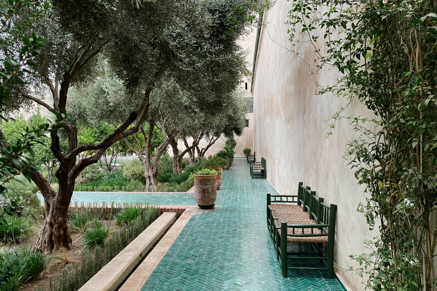 Contraste entre un jardin luxuriant et l'architecture traditionnelle à Marrakech.