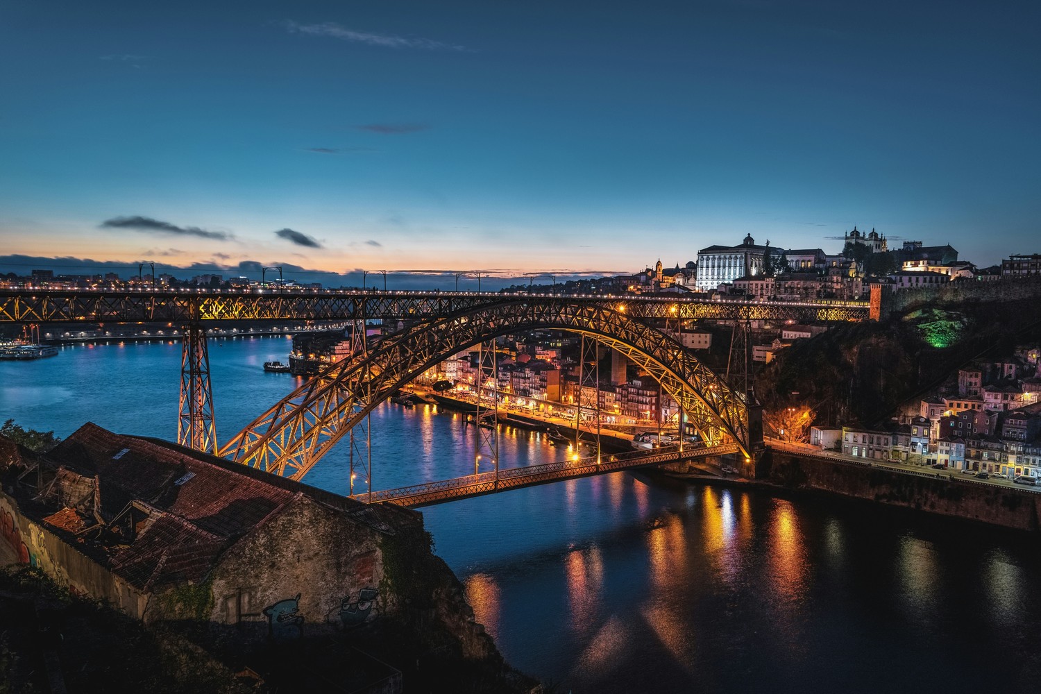 Vue emblématique du pont Dom-Luís à Porto avec ses façades colorées